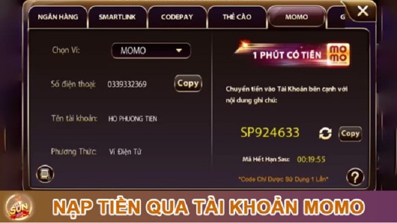 Nạp tiền vào sunwin bằng ví điện tử Momo
